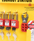 Worksite Ready Lockout Tagout Station Kit with 42 LOTO Devices, featuring lock sets and padlock hasps on industrial board