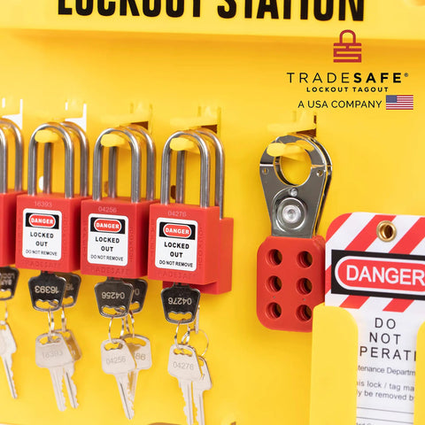Worksite Ready Lockout Tagout Station Kit with 42 LOTO Devices, featuring lock sets and padlock hasps on industrial board
