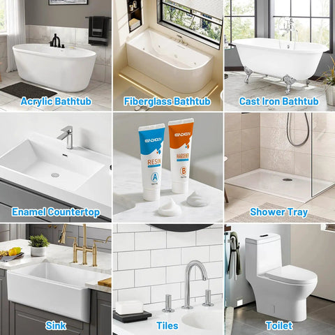 Collage of bathtubs, sink, shower tray, enamel countertop, tiles, and toilet with bath repair resin kit.