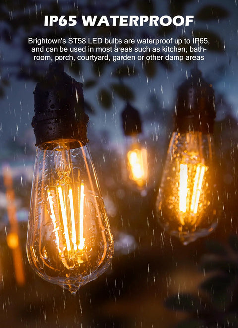 Outdoor setup with IP65 waterproof LED bulbs glowing in rain, showcasing 12 Pack Vintage LED Edison Bulbs 6W Like 60W Old School