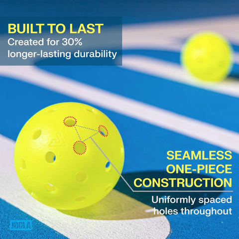 Hardcourt Pickleball Balls with Storage Tube USAP Approved for Tournament Play Durable Indoor Outdoor Balls on blue court.