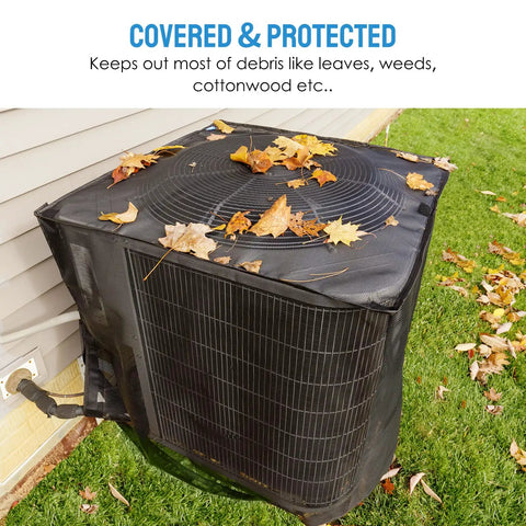All Season Outdoor AC Unit Cover With Full Mesh And Detachable Waterproof Top on AC unit, leaves on cover