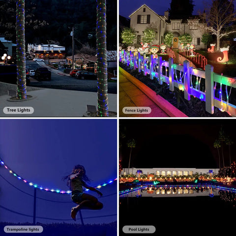 66Ft Solar String Lights Outdoor Waterproof LED Rope Lights illuminating trees, fences, trampoline, and pool areas at night