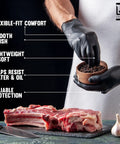 Top Shelf Heavy Duty Nitrile Barber Gloves Latex Free Box Of One Hundred Black Salon Hair Dye Chemical Protection Barriers With Non Slip Grip And Slick Hand Feel For Daily Grind Barbers On The Move, shown being used for food preparation.