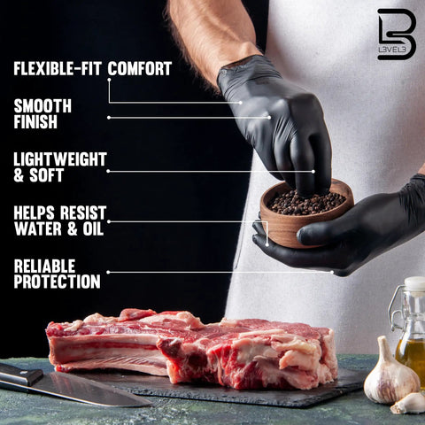 Top Shelf Heavy Duty Nitrile Barber Gloves Latex Free Box Of One Hundred Black Salon Hair Dye Chemical Protection Barriers With Non Slip Grip And Slick Hand Feel For Daily Grind Barbers On The Move, shown being used for food preparation.