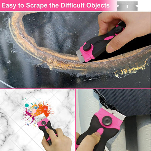 Hand using Pink Razor Scraper 2 In 1 Tool Set With 20 Razor Blades For Removing Window Labels Decals Stickers Glass Stove Tops And More Ideal Gift For Women 2 Pack on stove top