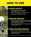 Instructions showing use of Mole Killer Worm Baits For Lawns And Yards, Mimics Mole Food To Kill With One Feeding, Simple Runway Setup.