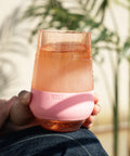 Freezable Stemless Wine Glasses With Secure Lids, Double Wall Insulated Chiller Tumblers For Grab And Go Vibes, Keep Your Sip Ice Cold Outside, 12 Oz Set Of Two Pink Blush Drinkware For Her, filled with sparkling beverage.