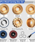 All In One Wood Carving Disc Set For Four Inch And Four And A Half Inch Angle Grinders with 14 pieces including discs and wheels.