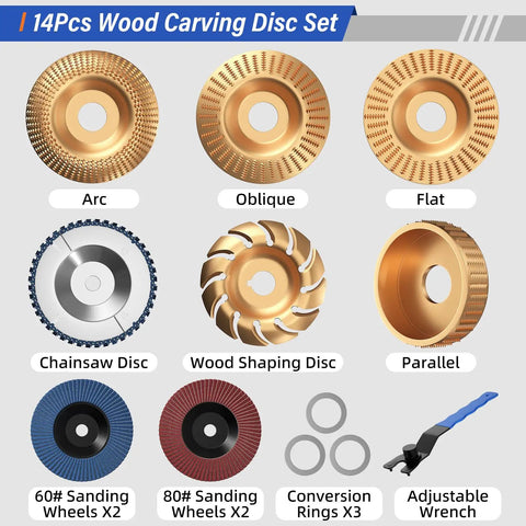 All In One Wood Carving Disc Set For Four Inch And Four And A Half Inch Angle Grinders with 14 pieces including discs and wheels.