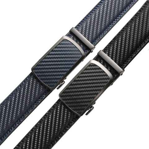 Two Pack Leather Ratchet Belt For Men In Gift Set Box Adjustable 28 To 42 Inch Waist Auto Lock Sliding Buckle Easy Release TXW Black Blue Durable Modern Belt For Everyday Wear