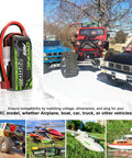 2S 2200mAh LiPo Battery With Dean Style T Connector for RC vehicles and drones, shown with RC cars and helicopters in outdoor setting