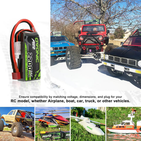 2S 2200mAh LiPo Battery With Dean Style T Connector for RC vehicles and drones, shown with RC cars and helicopters in outdoor setting