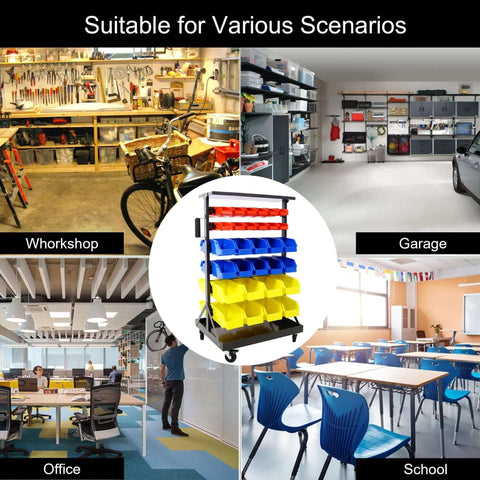 Six Tier Rolling Bin Storage Rack With Sixty Color Coded Bins On Smooth Wheels Dual Sided Parts Organizer With Top Tray