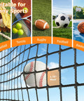 Baseball against 1.75 inch mesh net, showcasing versatility for multiple sports such as tennis, rugby, football, and basketball.