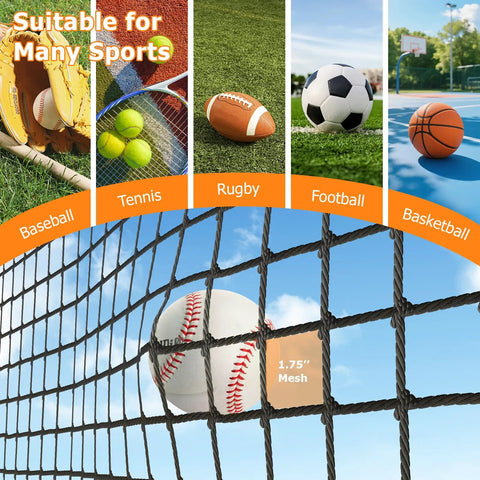 Baseball against 1.75 inch mesh net, showcasing versatility for multiple sports such as tennis, rugby, football, and basketball.