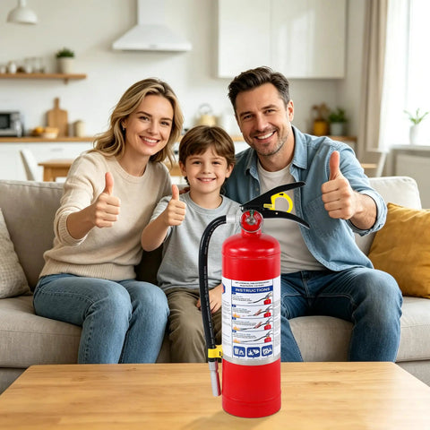 5 Lb ABC Dry Chemical Fire Extinguisher With Quick Release Handle Rated 2A 10B C in a home setting with family.