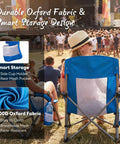 Low Profile Folding Beach Chair With Cup Holders And Carry Bag, blue, at an outdoor concert with smart storage design.