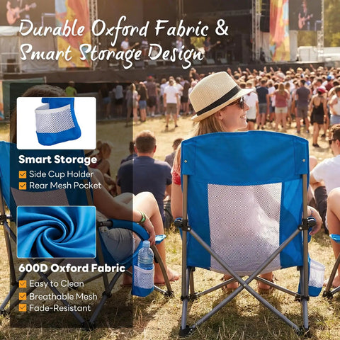 Low Profile Folding Beach Chair With Cup Holders And Carry Bag, blue, at an outdoor concert with smart storage design.