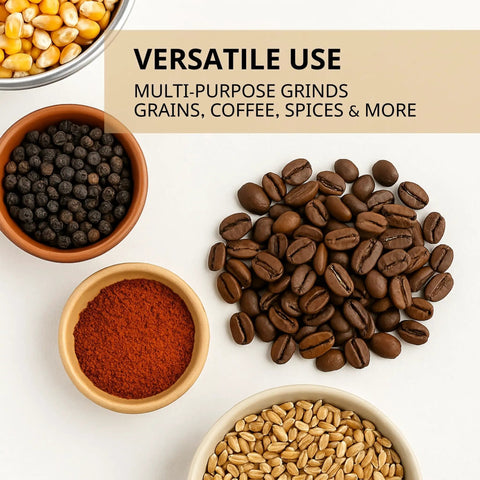Variety of grains and spices for use with Manual Hand Crank Grain Mill Grinder For Fresh Flour In Minutes With Durable Iron Construction And Clamp Handle For Easy Home Use Perfect For Grinding Corn Wheat Nuts And Other Grains In A Compact Silver Design