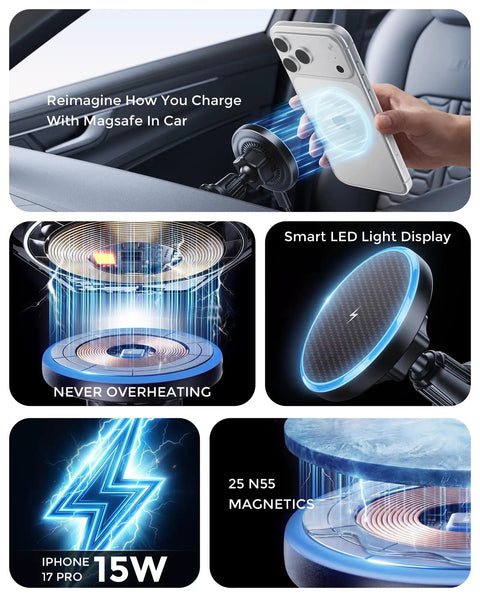 2-In-1 MagSafe Wireless Car Charger Mount With 15W Fast Charge Magnetic Phone Holder for iPhone 12-17, dashboard view
