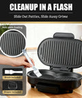 FineMade Double Mini Grill Maker with non-stick plates, person cleaning with brush, compact electric design for easy use.