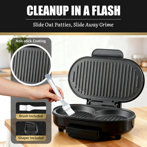 FineMade Double Mini Grill Maker with non-stick plates, person cleaning with brush, compact electric design for easy use.