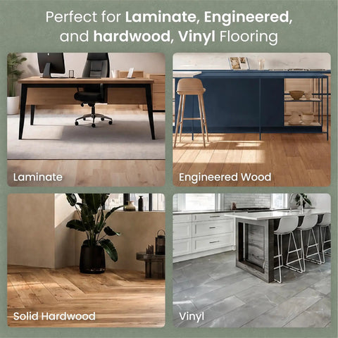 Premium Acoustic Floor Underlayment Roll Featuring Hella Quiet Thermal Eva Foam And Silver Foil Vapor Barrier For Superior Moisture Shield and different flooring types including laminate, hardwood, and vinyl.