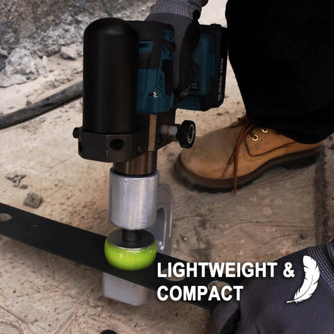 Hydraulic Hole Puncher Kit for Sheet Metal, demonstrating usage on site, highlighting lightweight and compact design for labor-saving.