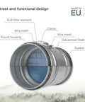 Pro Grade 4 Inch Inline Air Filter For Ducting, Heavy Duty G4 Class Filtration Purifier System With Steel Mesh Screen, Galvanized Steel Construction, close-up view
