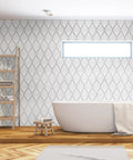 Bathroom featuring Silver Gray Peel And Stick Wallpaper For Cabinets And Bathrooms No Mess DIY Ready Modern Boho Leaf Design Removable.