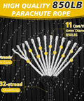 Reflective Paracord Rope 850Lb 4mm 11 Strand Core details with labeled structure and reflective stripping for various uses