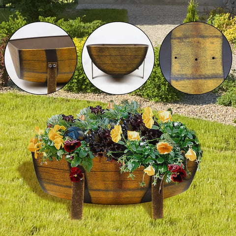 Two Pack Rustic Barrel Planters With Legged Design For Outdoor Garden Backyard Metal Half Barrel Flower Pot Planter Box Brown 15.43 Inch Long Each With Ample Planting Space Durable Anti Rust Coated Iron filled with flowers on grass