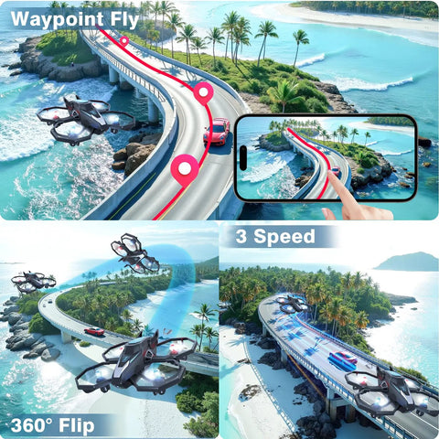 Camera Drone For Kids And Beginners With Remote Control And App Control, Easy To Fly; drone demonstration above scenic bridge.