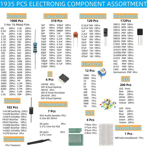 Massive UNO R3 Compatible Electronics Component Kit With 1900Pcs including resistors, capacitors, transistors, and more.