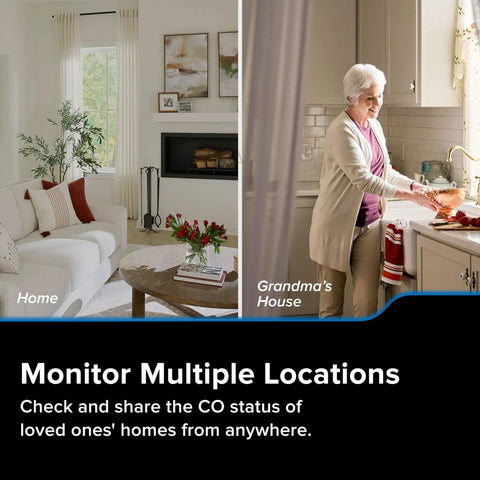 Split image showing a home living room and a grandma in a kitchen, representing the Smart Carbon Monoxide Detector With Plug In Design.