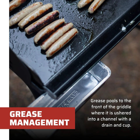 Deluxe Double Burner Steel Griddle With Extra Large 14 Inch By 32 Inch Surface Even Heat Diffusion showing grease channel.