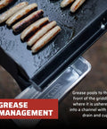 Professional Fry Griddle for Large Cookouts 3 Burner Steel Griddle with grease drain and sausages on cooking surface