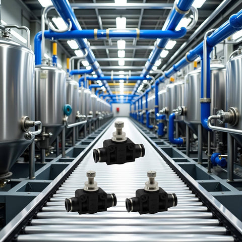 Set Of 3 4mm Tube OD Air Flow Control Valves With Straight Union Push To Connect Fittings PSA 04 in industrial setting
