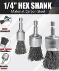 9 Piece Drill Wire Brush Set With Crimped End Knotted Brushes In 0.8, 1, And 1.2 Inch Sizes, 1 Quarter Inch Hex Shank, carbon steel brushes