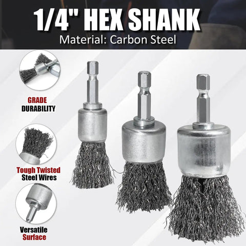9 Piece Drill Wire Brush Set With Crimped End Knotted Brushes In 0.8, 1, And 1.2 Inch Sizes, 1 Quarter Inch Hex Shank, carbon steel brushes