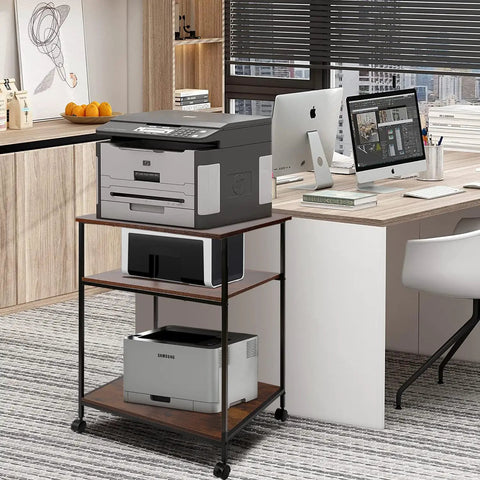 Top Shelf Premium Steel Frame 3 Tier Printer Stand Beefy Rolling Cart for Laser Inkjet Machines with Dead Simple Adjustable Shelves Swanky Lockable Wheels Nifty Desk Supply Holder Rack in modern workspace.