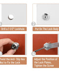 Step-by-step installation guide for Heavy Duty Cabinet Locks With Keys Two Pack Long Cam Style used for securing storage.