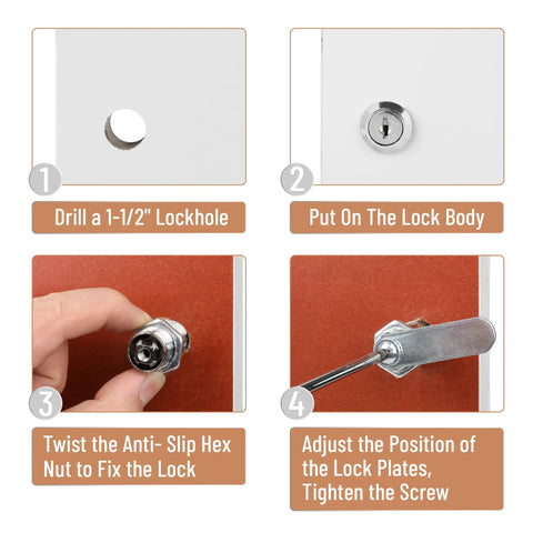 Step-by-step installation guide for Heavy Duty Cabinet Locks With Keys Two Pack Long Cam Style used for securing storage.