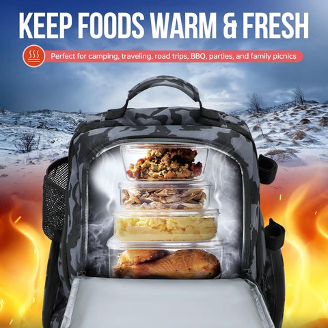 Fishing Backpack With Rod Holders And Cooler 45L Water Resistant Tackle Bag open with food containers inside.