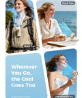 Person using Powerful Portable Handheld Fan For On The Go With 20 Hour Max Battery Life, 3 Modes, 5 Speed Settings, USB Rechargeable in Beige