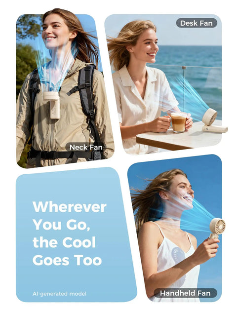 Person using Powerful Portable Handheld Fan For On The Go With 20 Hour Max Battery Life, 3 Modes, 5 Speed Settings, USB Rechargeable in Beige