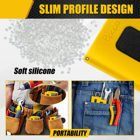 Close-up of yellow tool holder showing soft silicone texture and portability, fitting in tool bags and pockets.