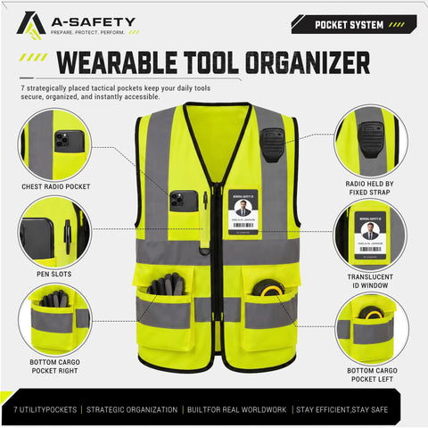 Hella Visible Reflective Safety Vest 100 Percent Polyester Machine Washable Durable Year Round Job Site Work Gear Yellow Big And Tall Construction Crew Plus Size 6XL 7XL 8XL