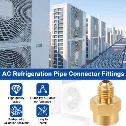 1/4 SAE To 1/4 NPT Brass Adapter AC Refregeration Pipe Connector Fittings showcasing brass adapter with AC units in background.